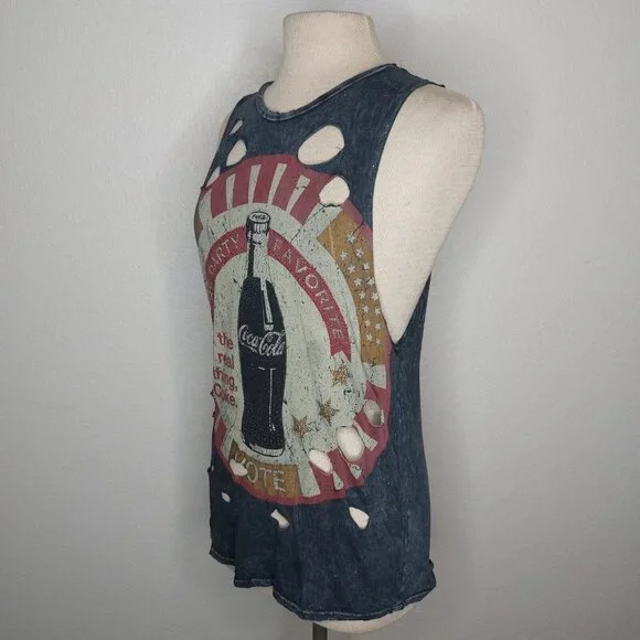 Coca Cola Womens Tank Top Small The Classic Grey Distressed Holes Party Favorite - Picture 3 of 12